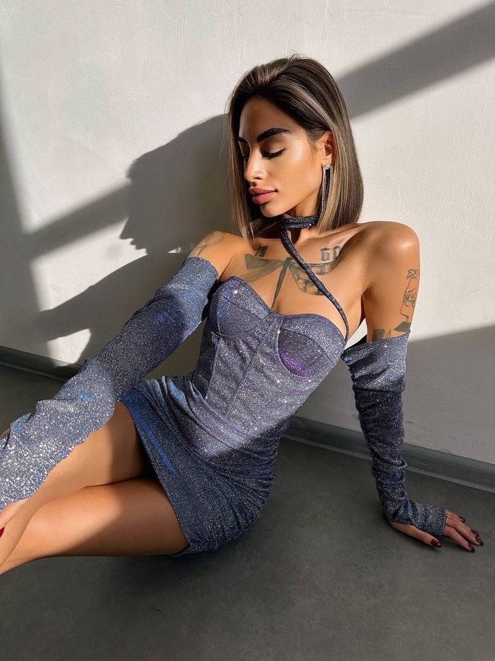 S-m-l  yanar dönerli Simli Straplez Mini Elbise - Görsel 2