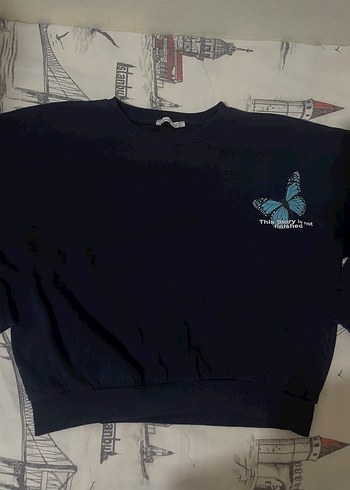 Kelebek Baskılı Mavi Denim Sweatshirt
