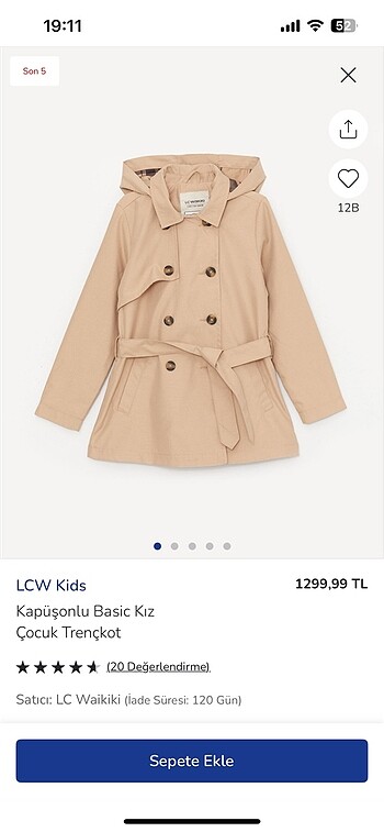 9 Yaş Beden LCW kids kapüşonlu kız çocuk trençkot