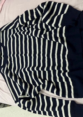 Pull and Bear Çizgili Lacivert Boğazlı Triko Kazak