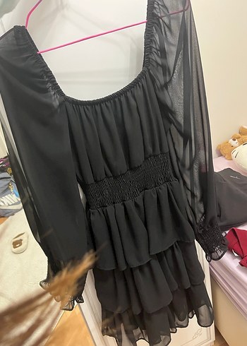Siyah Midi Volanlı Gotik Elbise