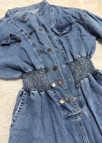 Kadın Gri Denim Uzun Kollu Tulum - Görsel 3