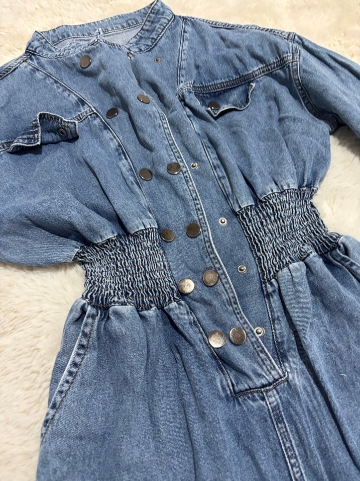 Kadın Gri Denim Uzun Kollu Tulum - Görsel 3