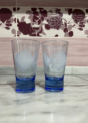 Mavi Balık Desenli İki Adet Cam Bardak