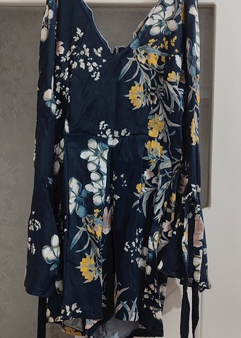 Lacivert Çiçek Desenli Bohem Mini şortlu Elbise - Görsel 2