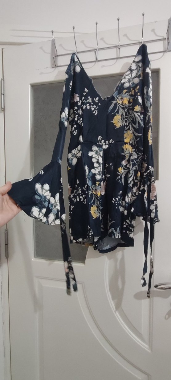 Lacivert Çiçek Desenli Bohem Mini şortlu Elbise - Görsel 3