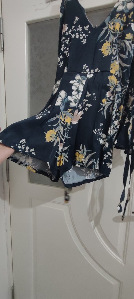 Lacivert Çiçek Desenli Bohem Mini şortlu Elbise - Görsel 4