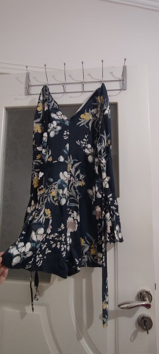 Lacivert Çiçek Desenli Bohem Mini şortlu Elbise - Görsel 5