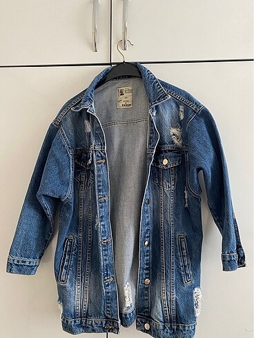 Eskitme Mavi Yırtık Oversize Kot Ceket