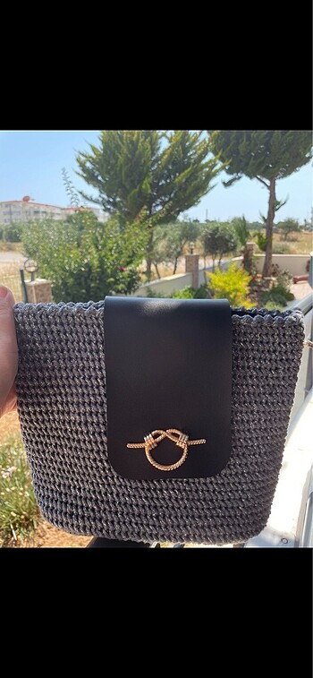 Beden gri Renk Gri Simli Makrome Örme Çanta