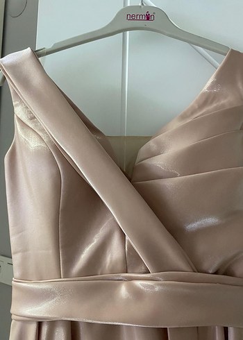 Bej Drapeli Uzun Abiye Elbise - Görsel 4