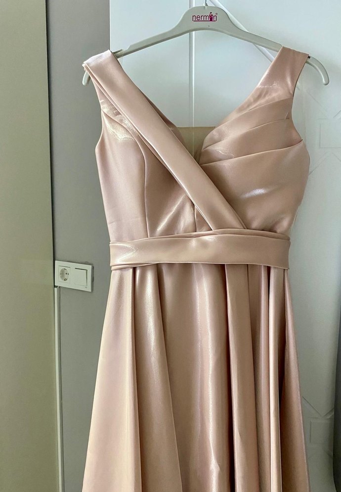 Bej Drapeli Uzun Abiye Elbise - Görsel 3