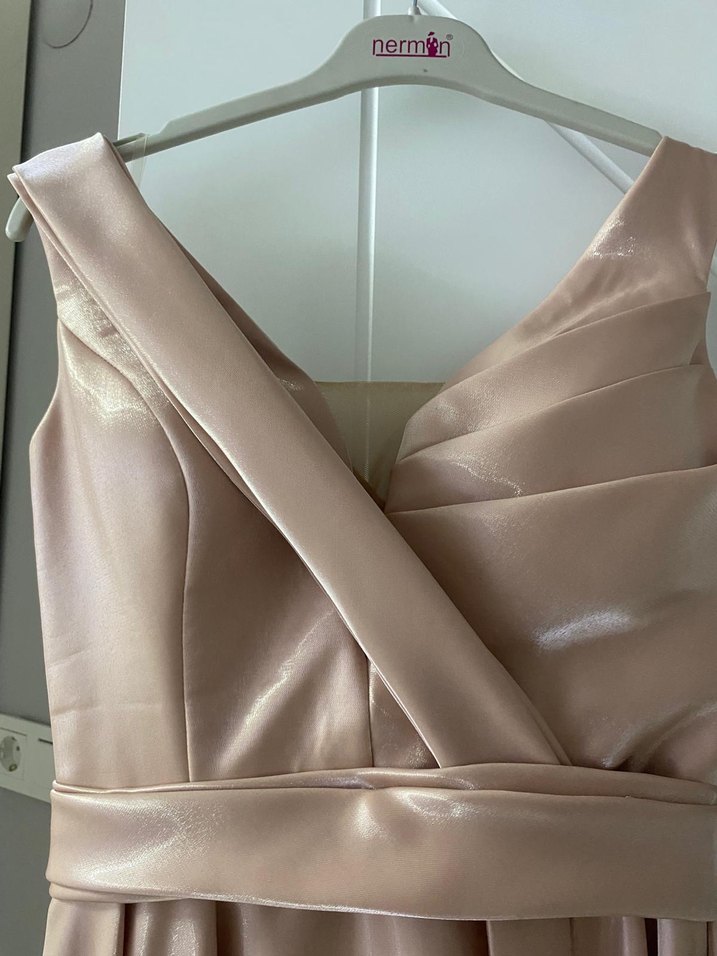 Bej Drapeli Uzun Abiye Elbise - Görsel 4