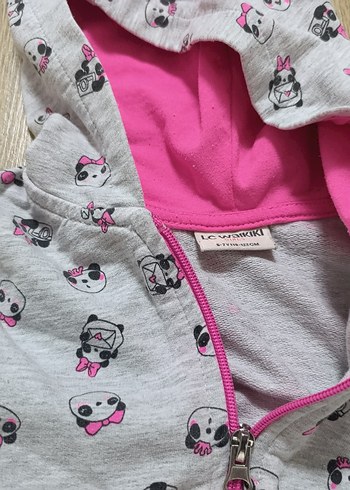 Kapüşonlu Kız Çocuk Gri Baskılı Yelek - Görsel 4