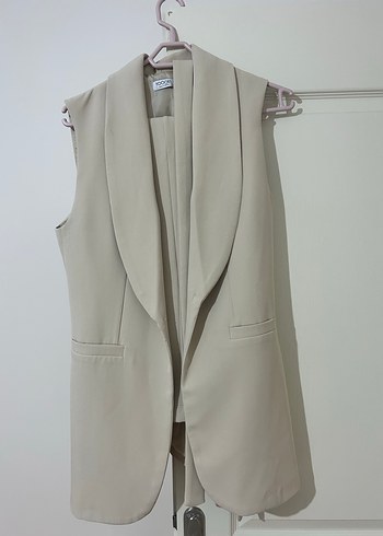 Hoopstore Bej Kolsuz Uzun Kadın Blazer Takım