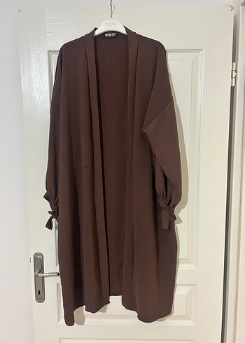 Uzun Kahverengi Keten Kadın Kimono