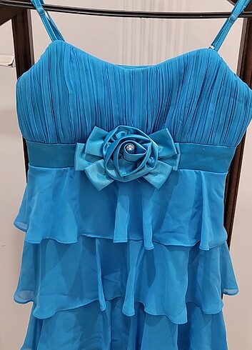 Mavi Mini Genç Kız Elbisesi Gül Detaylı - Görsel 3