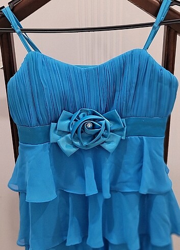 Mavi Mini Genç Kız Elbisesi Gül Detaylı - Görsel 6