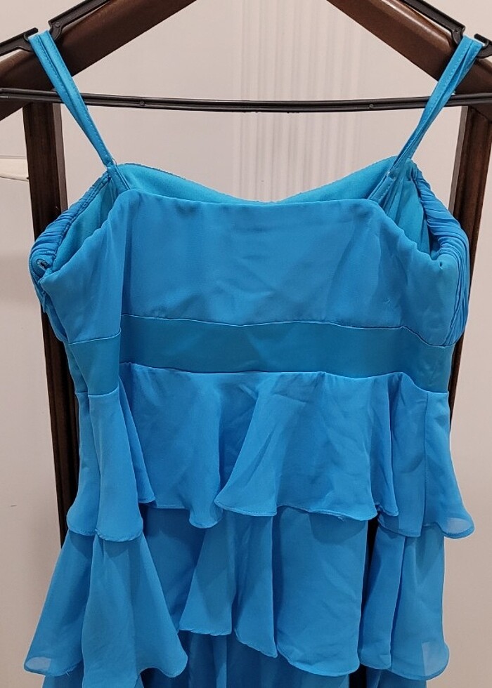 Mavi Mini Genç Kız Elbisesi Gül Detaylı - Görsel 5