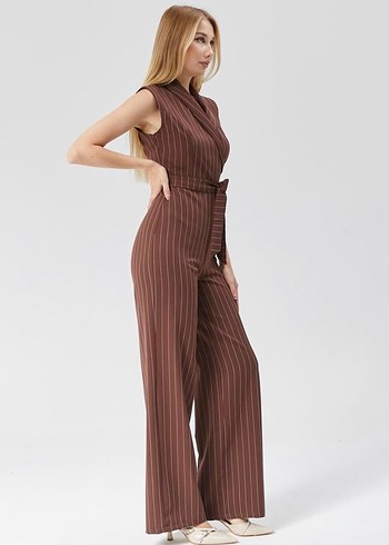 Çizgili kahverengi Uzun Kadın Tulum - Görsel 4