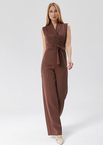 Çizgili kahverengi Uzun Kadın Tulum - Görsel 3