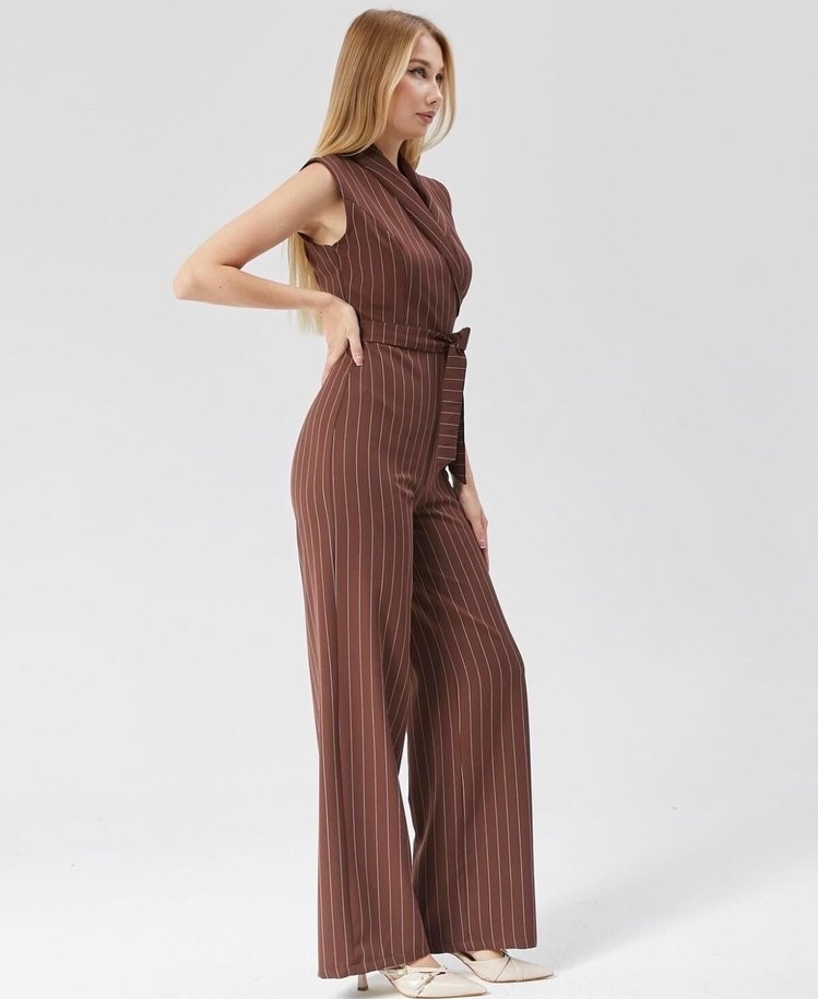 Çizgili kahverengi Uzun Kadın Tulum - Görsel 4