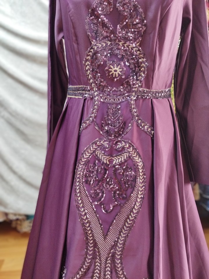 Nişanlık kınalık tesettür Uzun Kollu Mor İşlemeli Kadın Abiye - Görsel 4