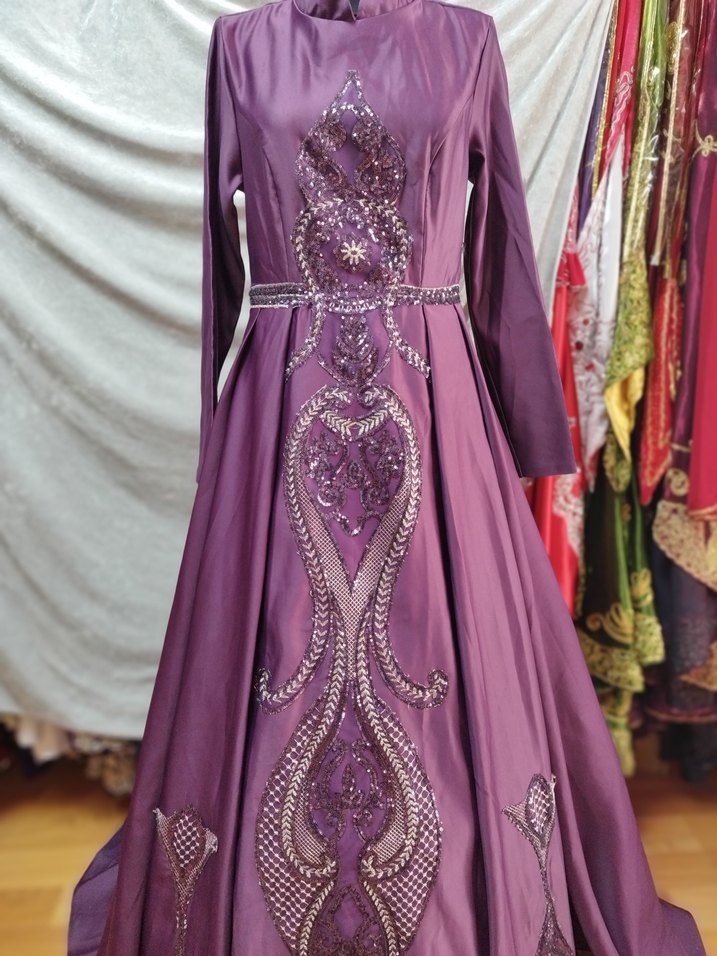 Nişanlık kınalık tesettür Uzun Kollu Mor İşlemeli Kadın Abiye - Görsel 2