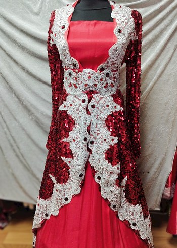 Bordo Payetli Nakışlı Uzun Henna Elbise