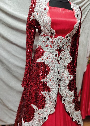 Abiye Bordo Payetli Nakışlı Uzun Henna Elbise