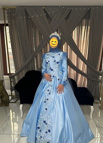 Nişanlık abiye nişanlık elbise 3 boyutlu mavi tüylü 