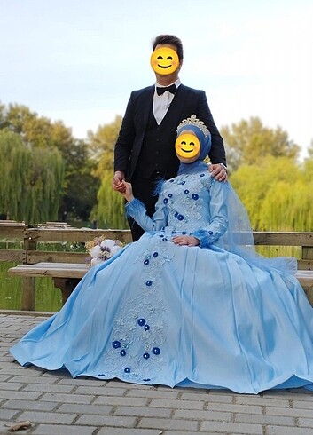 m Beden Nişanlık abiye nişanlık elbise 3 boyutlu mavi tüylü 