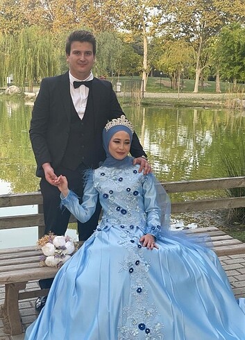 m Beden mavi Renk Nişanlık abiye nişanlık elbise 3 boyutlu mavi tüylü 