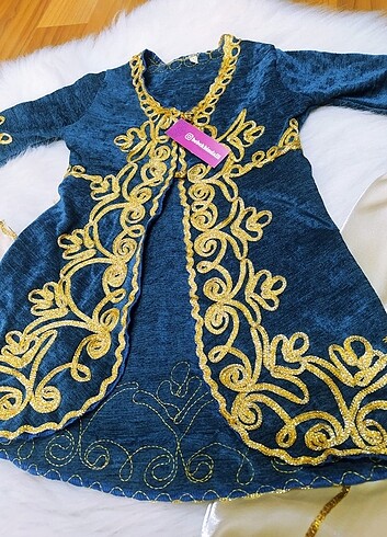 Diğer mavi kadife bebek bindallı kaftan takımı