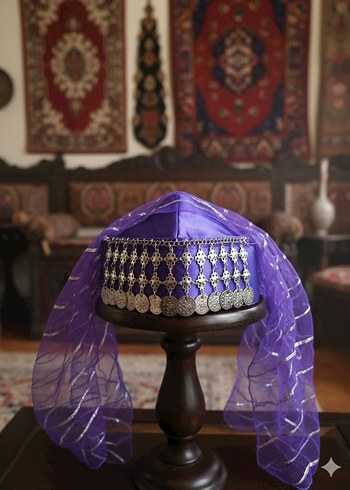 Mor gümüş paralı tüllü bindallı kostüm fesi - Görsel 2