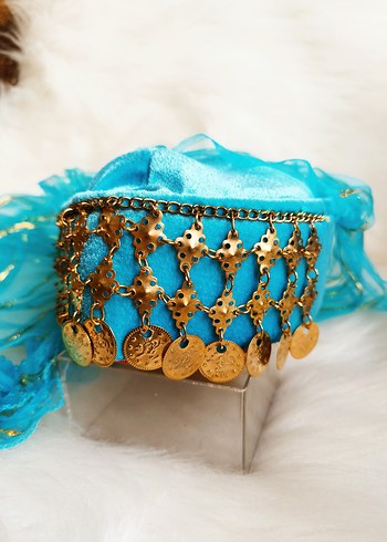 turkuaz kadife Gold altın paralı tüllü bindallı fesi - Görsel 2