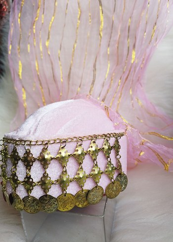 altın paralı toz Pembe kadife fes - Görsel 4