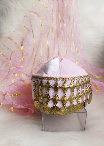 altın paralı toz Pembe kadife fes - Görsel 2