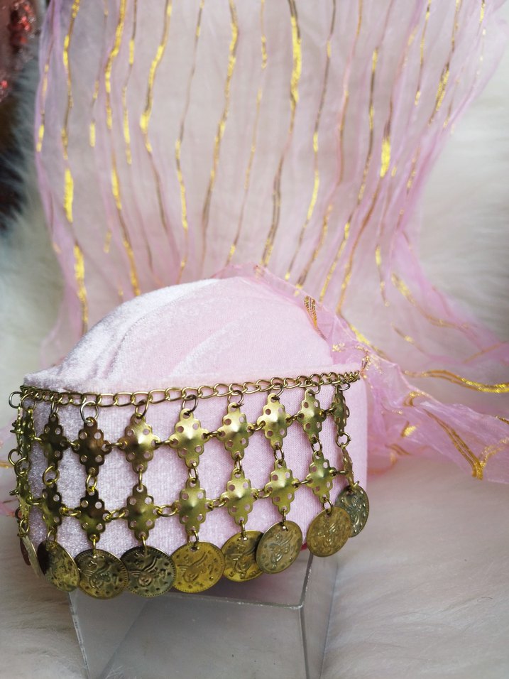 altın paralı toz Pembe kadife fes - Görsel 4