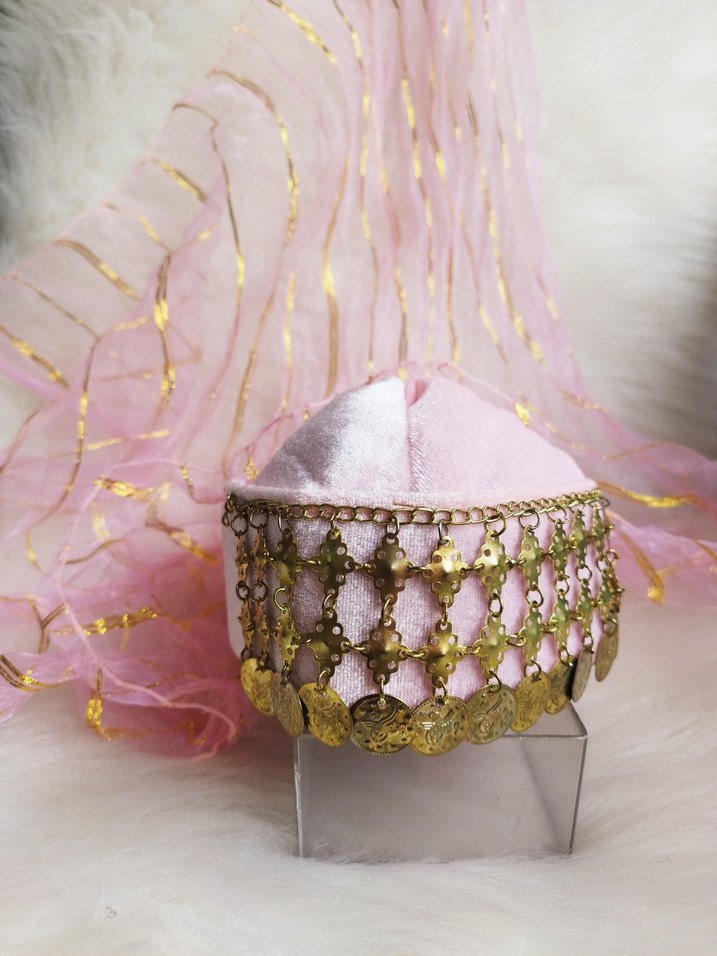 altın paralı toz Pembe kadife fes - Görsel 2