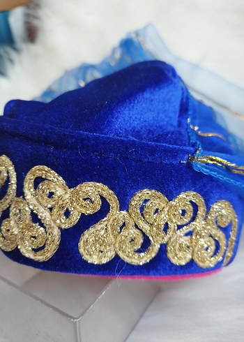 Mavi lacivert altın işlemeli Kadın Şapka Altın İşlemeli fes - Görsel 4