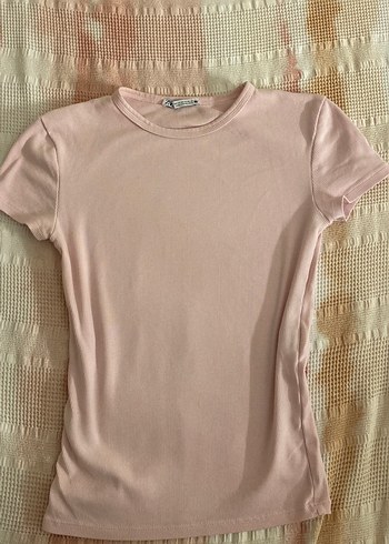 Toz Pembe Kısa Kollu Dar Kesim Tişört Zara