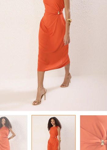 Turuncu Drapeli Uzun Kadın Elbise - Görsel 2