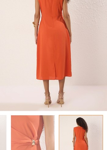 Turuncu Drapeli Uzun Kadın Elbise - Görsel 4