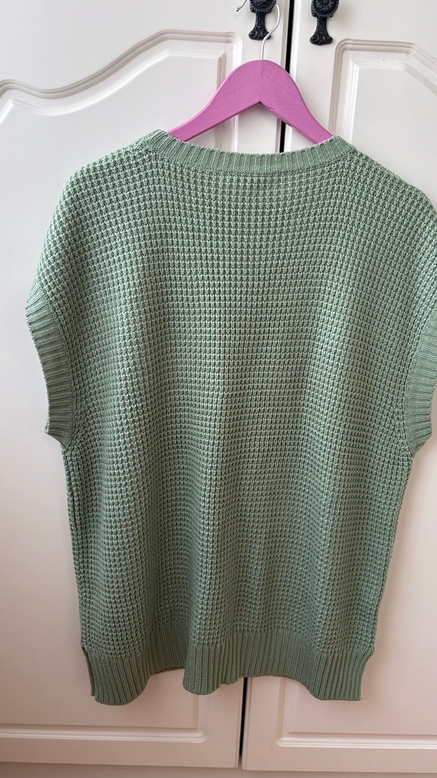 Kadın Yeşil Örgü Kolsuz Triko Süveter - Görsel 3