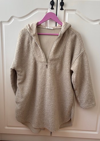 Bej Peluş Sweatshirt Kapüşonlu - Görsel 2