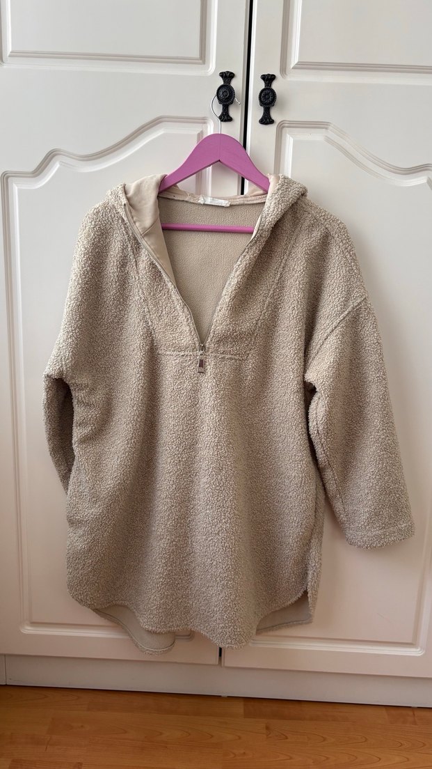 Bej Peluş Sweatshirt Kapüşonlu - Görsel 2