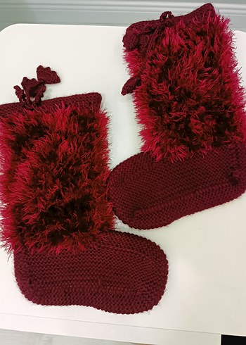 Bordo Renk El Örgüsü Çizme Model Patik - Görsel 2