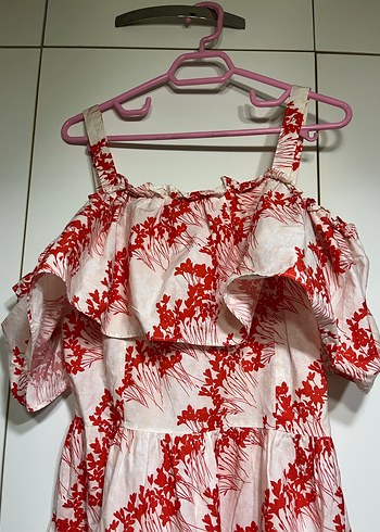 Kırmızı Desenli Uzun Pamuklu Volanlı Elbise - Görsel 3