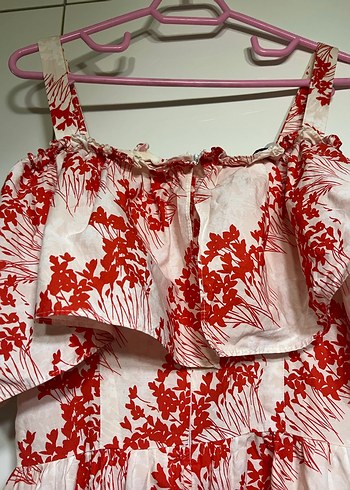 Kırmızı Desenli Uzun Pamuklu Volanlı Elbise - Görsel 5